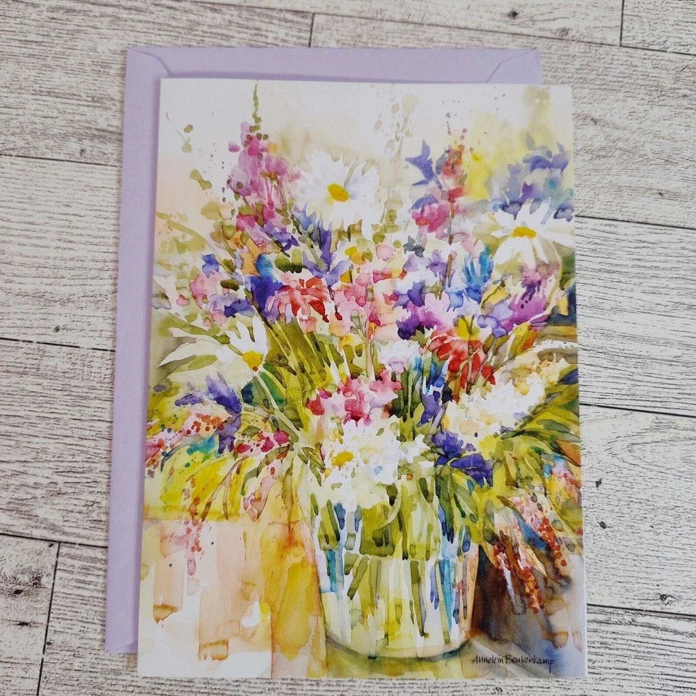 Blank Greeting Card Watercolor Floral Note Card with Lilac Envelope Blank Inside
